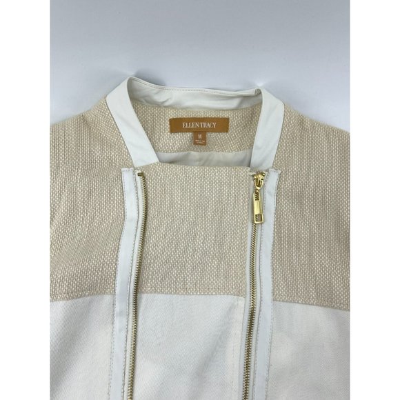 Ellen Tracy Off White Asymmetrical Zip Faux Leather Tweed Crop Jacket Size Med - Picture 9 of 16